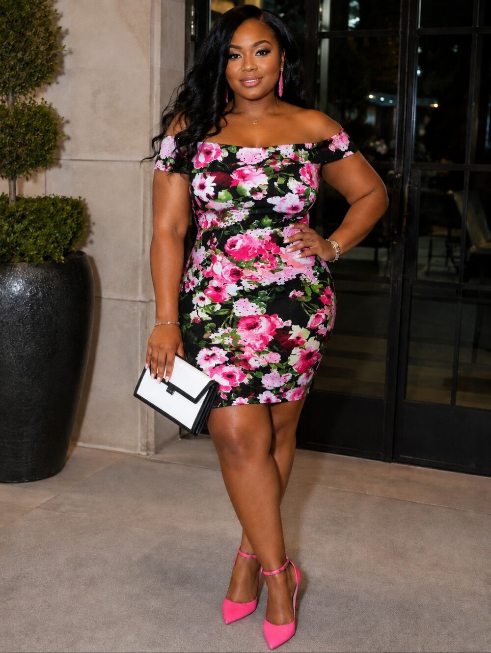 Off-Shoulder Floral Bodycon Dress in Black and Pink